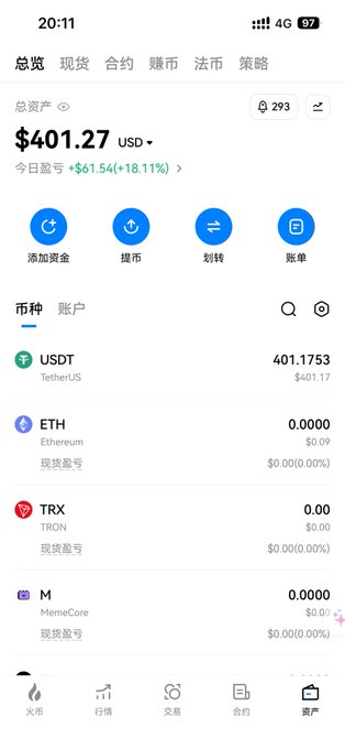 A mobile screenshot of a cryptocurrency portfolio showing a total balance of $401.27 USD with holdings in USDT, ETH, TRX, and M (MemeCore).