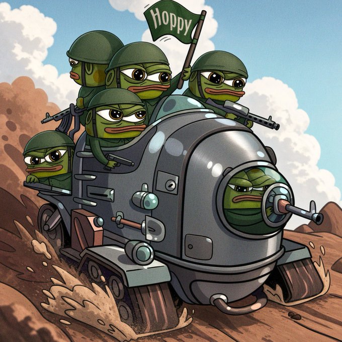 A cartoon illustration of Pepe the Frog characters dressed as soldiers riding a futuristic tank through a desert, with one holding a flag that reads "HOPPY".
