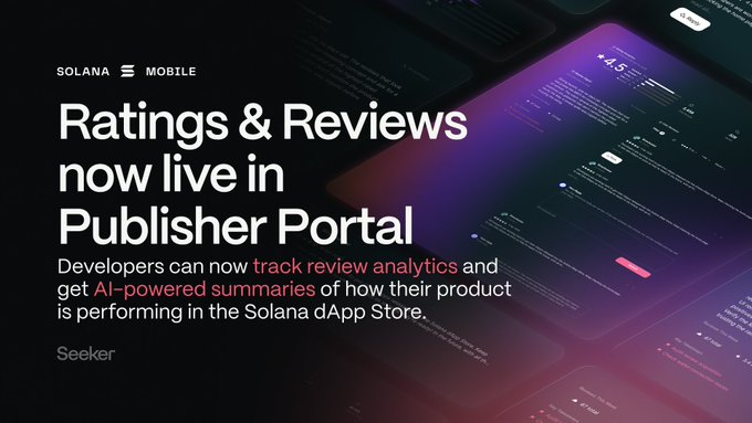 The image is a collage of app screenshots, displaying various app features, layouts, and designs for display in the app store. The text below the images provides information about the ratings & reviews process. It explains that the ratings & reviews now live in the publisher portal where developers can easily track user review data, get AI-powered user insights, and engage with Seekers to understand their product better. This new feature allows for a more transparent and open feedback system within the Solana dApp Store.