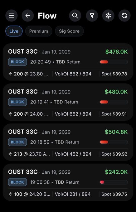 A trading app screenshot showing the 'Flow' page with Live options flow data for OUST 33C puts dated Jan 19, 2029, displaying various strike prices, volumes, and spot prices around $39.75-$39.92.
