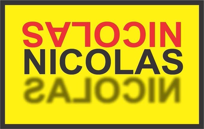 A yellow warning-style sign with 'NICOLAS' written in black, flanked by mirrored 'NICOLAS' text above and below in red and a faded yellow/grey, resembling a transportation company logo.