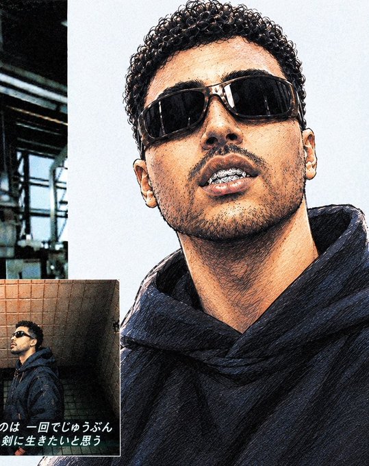 An illustrated portrait of a man with curly hair wearing sunglasses and a black hoodie, with Japanese text and a small inset photo of the same man.