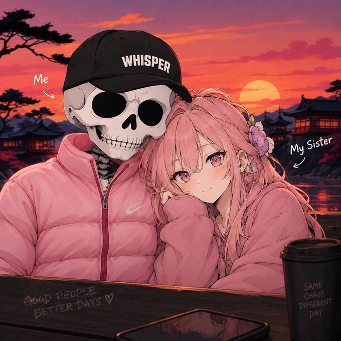 An anime-style illustration showing a skeleton wearing a black 'WHISPER' cap labeled 'Me' embracing a pink-haired girl labeled 'My Sister,' with text reading 'GOOD PEOPLE BETTER DAYS' and 'SAME CHAOS DIFFERENT DAY' near a coffee cup.