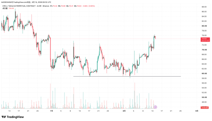 The image shows a 4-hour candlestick chart for Circl (CRCL) on Binance, with the current price at 74.63, reflecting a 0.9% decline. The chart illustrates a recent recovery from lows around $58 up to the $74-75 range, supporting the post's claim that the author bought in earlier at $80 and views CRCL as a solid long-term pick despite the current pullback.