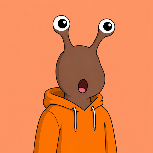 A cartoon illustration of a surprised-looking snail character with two eyestalks, a small open mouth, wearing an orange hoodie with gray drawstrings, set against a solid orange background.