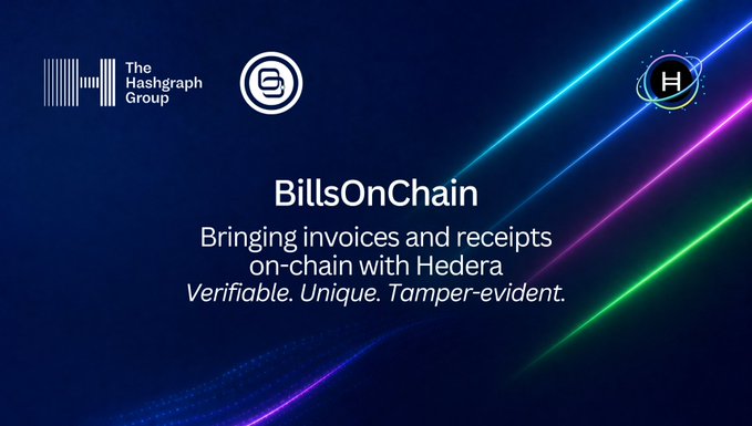 The image announces "BillsOnChain" is now live on "Hedera", bringing invoices and receipts on-chain with the logos of "The Hashgraph Group" and "Hedera" visible. This aligns with the post's message about verifiable digital identities for invoices.