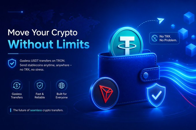 A promotional graphic titled "Move Your Crypto Without Limits" advertises gasless USDT transfers on the TRON network, featuring a glowing blue wallet with TRX and TRON (TRX) coin imagery alongside features like "Gasless Transfers," "Fast & Reliable," and "Built for Everyone," with a callout stating "No TRX, No Problem." The image directly addresses the post's frustration of being unable to move USDT without holding TRX for network fees by promoting a solution that eliminates that barrier entirely.