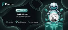 The image is a promotional graphic from Fourtis exchange announcing the listing of $Wrapped Wojakcoin, featuring the coin's branding alongside Fourtis exchange logos and a "New listings" tag, celebrating the token's 200% price increase from an initial market cap of $4.6K to $14.3K since listing.