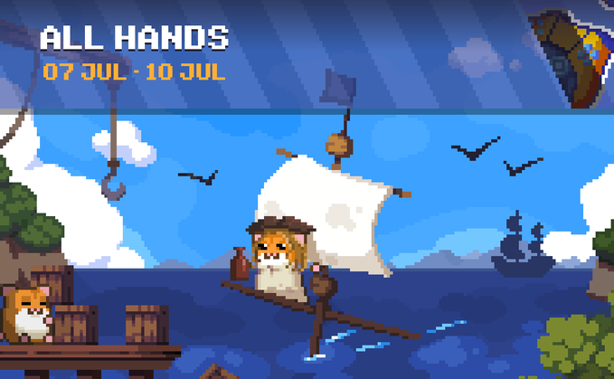 A pixel art pirate hamster captain sailing a small ship on the high seas, with promotional text "ALL HANDS 07 JUL - 10 JUL" overlaid, advertising a mining event with hashrate bonuses tied to a pirate-themed treasure expedition.