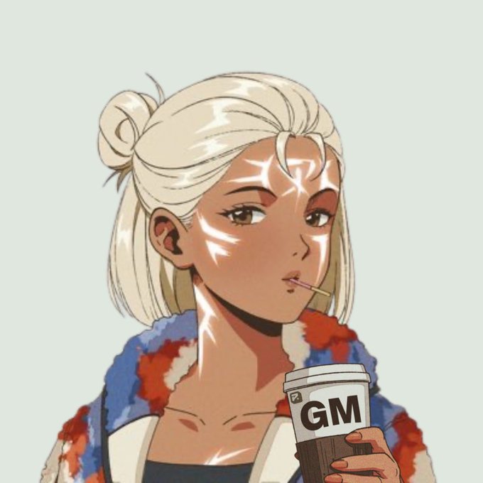An anime-style illustration of a young woman with light blonde hair and star-shaped reflections on her face, holding a cup labeled 'GM' while casually sucking on a small stick.