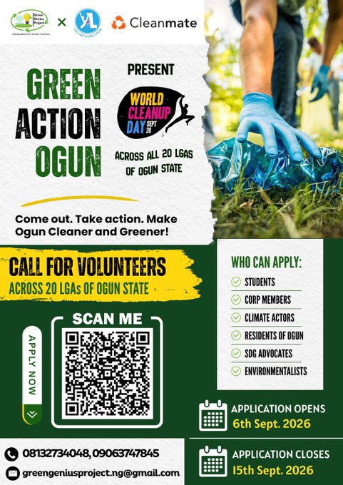 A 'GREEN ACTION OGUN' flyer announcing a World Cleanup Day event on Sept 20 across all 20 LGAs of Ogun State, calling for volunteers including students, corp members, and environmentalists, with application dates from 6th to 15th Sept. 2026 and a QR code.