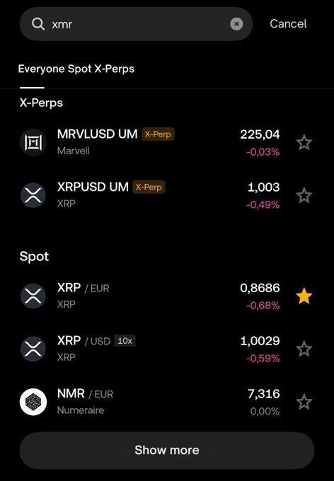 A mobile crypto exchange search screen shows the query "xmr" returning no Monero (XMR) results, instead displaying unrelated assets like MRVLUSD UM, XRPUSD UM, XRP/EUR, and NMR/EUR—illustrating the post's complaint that the platform fails to list XMR without explanation.