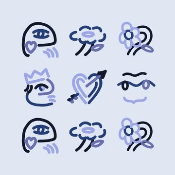 A light blue graphic features a 3x3 grid of abstract line-drawn faces in dark and light purple, with expressive eyes, hearts, and decorative elements.