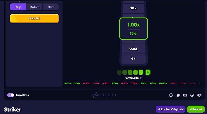 A screenshot of a Roobet game interface called "Striker" displays difficulty options including "Easy", "Medium", and "Hard", a "Place Bet" button, and a power meter with multipliers like "1.00x" and "0.01".