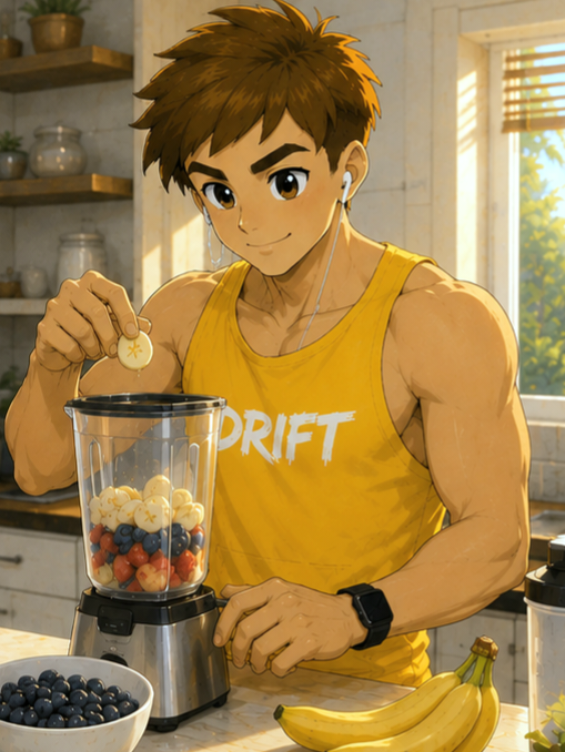An anime-style illustration shows a muscular man with brown hair wearing a yellow 'DRIFT' tank top and earphones, dropping fruit into a blender filled with berries and bananas in a sunlit kitchen.