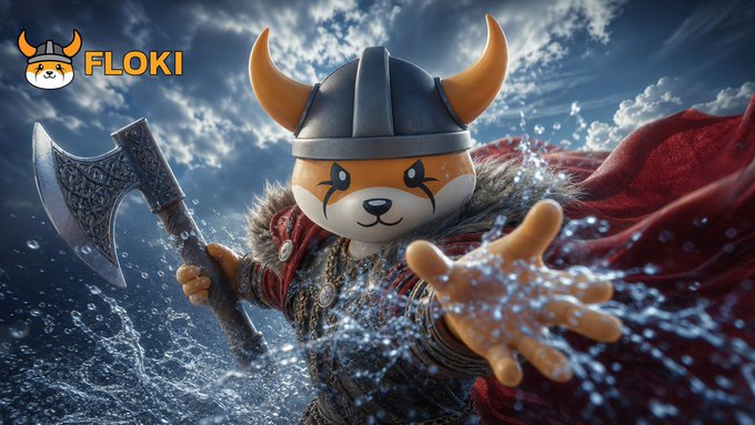 A fierce, cartoon-style Shiba Inu warrior wearing a horned Viking helmet and wielding an ornate axe charges through splashing water, reaching toward the viewer with an outstretched paw. The "FLOKI" logo appears in the top-left corner, matching the post's bold branding and energetic vibe of "FEEL THE MAGIC / ENJOY THE BUILDING / FLOKI HITS DIFFERENT."