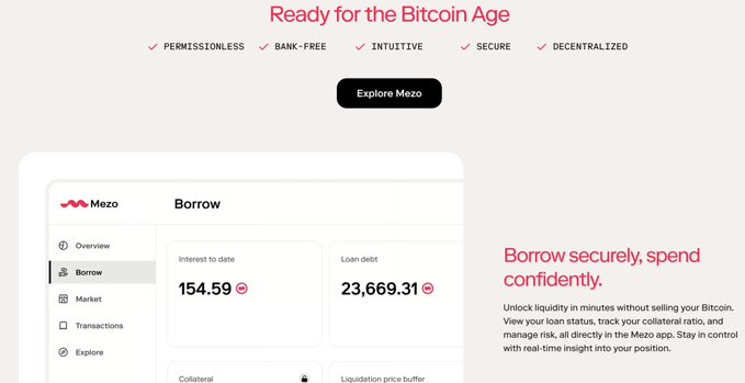 A Mezo promotional graphic titled "Ready for the Bitcoin Age" highlights features like "PERMISSIONLESS," "BANK-FREE," and "SECURE," with a "Borrow" interface showing an interest-to-date of 154.59 and loan debt of 23,669.31. The image ties to the post by visually representing Mezo's Bitcoin borrowing platform, illustrating the contrast between its substantial BTC deposit TVL and its surprisingly low market cap mentioned in the caption.