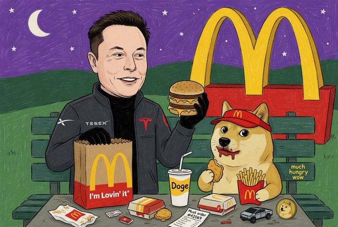 The image features an illustration of a man sitting at a table with a dog, both holding food items such as hamburgers and french fries. The scene takes place outdoors during nighttime, with a McDonald's restaurant visible in the background. The man is wearing a black jacket while eating his meal, and there are two benches present in the image - one near the man and another further away from him.

The post includes text that reads: "While Meta AI hacking their own platform, GROK and @xai allowing me to imagine a south park @elon musk enjoying @McDonalds Elon is the DogeFather and MemeKing LOL". This suggests that the image might be a humorous or satirical take on the relationship between technology giants like Facebook and Twitter with popular culture figures such as Elon Musk. The presence of the dog also adds to this theme, as it could symbolize the influence of dogs in popular culture or represent the idea of a more human-like connection with technology.