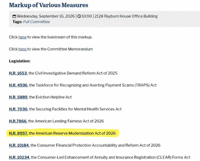 A screenshot of a U.S. House Committee markup document listing various bills, with 'H.R. 8957, the American Reserve Modernization Act of 2026' highlighted in yellow.