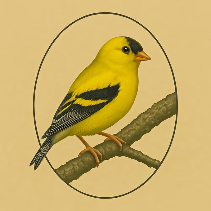 An illustrated portrait of a yellow American goldfinch with black markings perched on a branch, enclosed in an oval frame against a beige background.