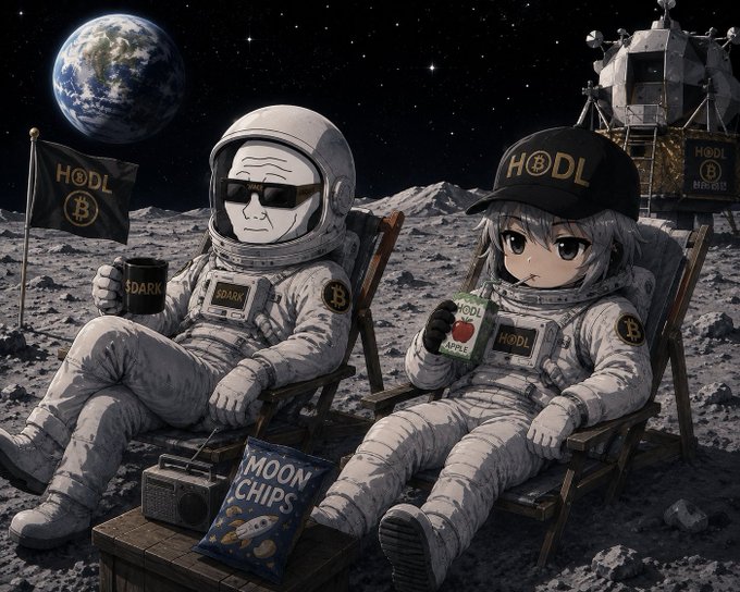 An anime-style illustration of two astronauts in spacesuits lounging in chairs on the moon with Earth in the background, wearing 'HODL' caps and Bitcoin patches, with 'MOON CHIPS' nearby.