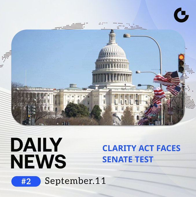A news graphic titled "DAILY NEWS" dated "September.11" displays the headline "CLARITY ACT FACES SENATE TEST" with an image of the US Capitol building.