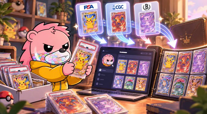 An illustration depicts a pink bear character in a yellow hoodie surrounded by Pokémon trading cards, with grading labels 'PSA', 'CGC', and 'B' displayed above, alongside a laptop and binder showing graded Pikachu cards.