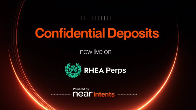 The image features a dark background with a glowing orange circular outline and announces "Confidential Deposits now live on RHEA Perps, powered by NEAR Intents," with the RHEA Finance laurel wreath logo. It visually highlights the partnership expansion enabling confidential deposit functionality for RHEA Finance's perpetual trading platform across multiple chains.