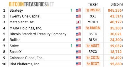 The image shows a table with various data about different companies, including one for SpaceX that has been listed as the 8th largest Bitcoin-holding company. The table also displays information about Bitcoin trading strategies and ticker symbols.