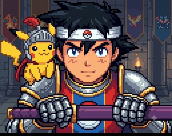 Pixel art depicting a character with a ninja headband and silver armor holding a purple-handled sword, standing next to a Pikachu wearing a knight's helmet with a red plume, inside a medieval castle room.