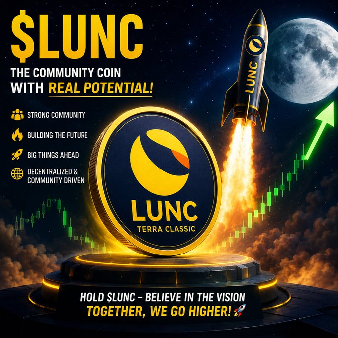 Promotional graphic for $LUNC (Terra Classic) featuring a gold coin and rocket launching toward the moon against a starry backdrop, with text including "$LUNC THE COMMUNITY COIN WITH REAL POTENTIAL," "STRONG COMMUNITY," "BUILDING THE FUTURE," "BIG THINGS AHEAD," "DECENTRALIZED & COMMUNITY DRIVEN," and the slogan "HOLD $LUNC – BELIEVE IN THE VISION TOGETHER, WE GO HIGHER!" — visually reinforcing the post's message about $LUNC's community-driven momentum and bullish long-term potential.