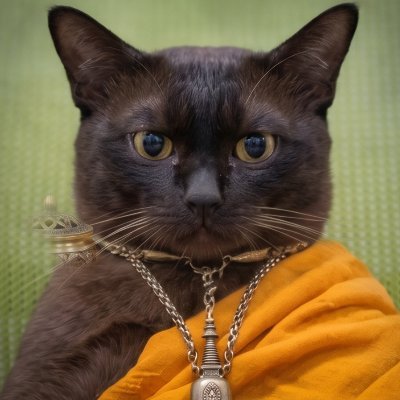 A close-up portrait of a black Burmese cat wearing gold chains with pendants and a small crown, draped in orange/saffron fabric.
