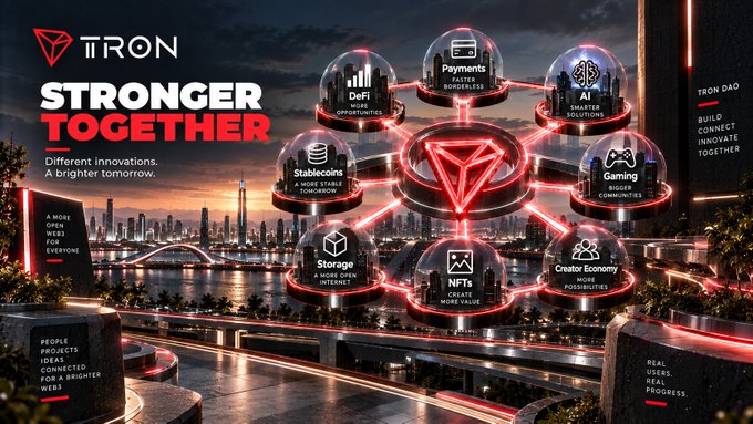 A TRON promotional graphic titled 'STRONGER TOGETHER' featuring interconnected spheres representing DeFi, Payments, AI, Stablecoins, Gaming, Storage, NFTs, and Creator Economy.