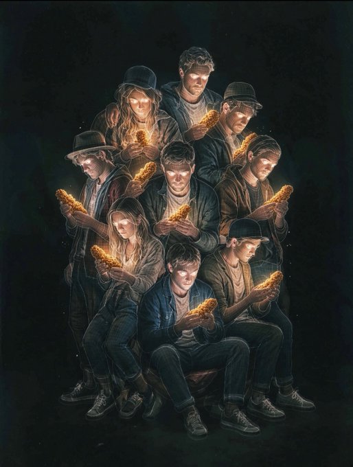 A dark, stylized illustration of multiple people huddled together in the shadows, each holding and gazing at a glowing golden crystal or rock cluster that illuminates their faces.