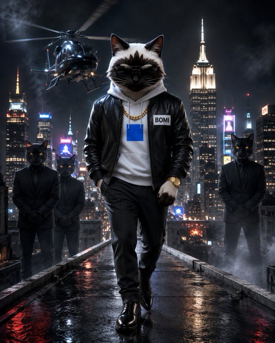 A cinematic image of a cat wearing a white "BOMI" hoodie and black leather jacket walking down a wet rooftop, flanked by suited cat bodyguards with a helicopter and lit cityscape behind it.