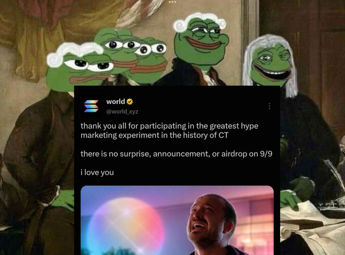 A tweet by @world.xyz says "thank you all for participating in the greatest hype marketing experiment in the history of CT, there is no surprise, announcement, or airdrop on 9/9, i love you," layered over a classical painting with Kermit the Frog faces and a laughing man—humorously illustrating the gullible crypto crowd who fell for the fake 9/9 airdrop hype.