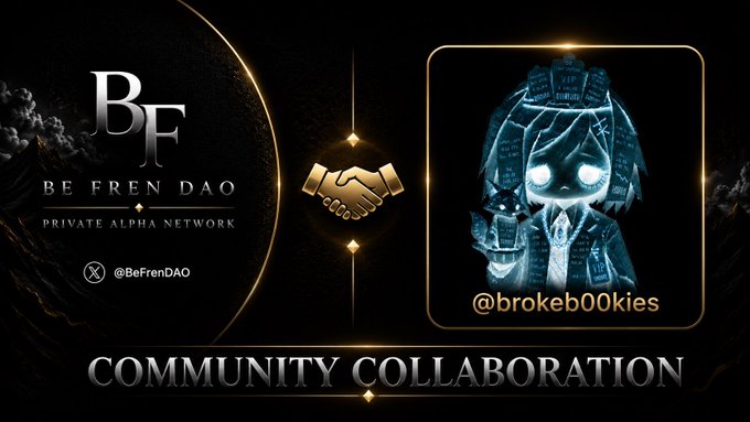 A promotional graphic for BeFrenDAO featuring a stylized blue character with glowing eyes, a golden handshake icon, and the text 'COMMUNITY COLLABORATION', '@broke00kies', and '@BeFrenDAO'.