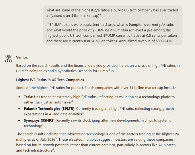 A screenshot of a conversation with 'Venice' AI analyzing high P/E ratios in US tech companies, mentioning Tesla, Palantir Technologies ($PLTR), and Synopsys ($SNPS), in response to a question about $PUMP token valuation.