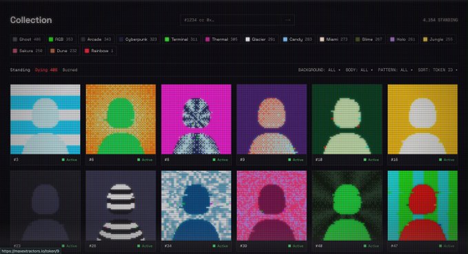 A digital art collection interface displays various colorful stylized avatar portraits under categories like 'Ghost,' 'RGB,' 'Cyberpunk,' and 'Glow,' with the URL 'pixieaktion.lol' visible at the bottom.