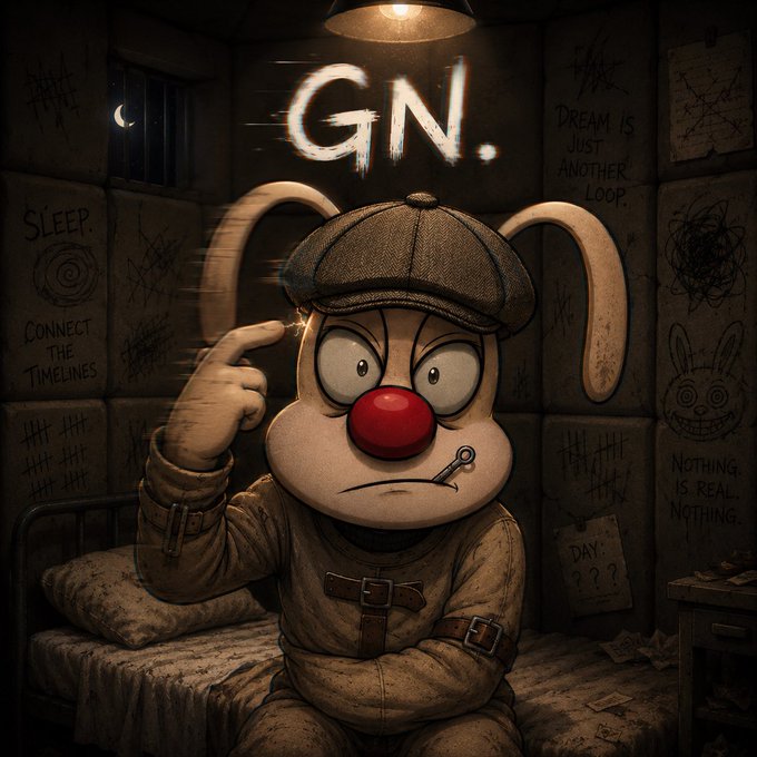 The image features a cartoon rabbit with a hat, sitting on a bed inside an art gallery or museum setting. The rabbit has its hand raised above its head as if pointing at something out of frame. In the background, there are signs that read "GN CT", "Connect the timelines", and "Day is real". These signs suggest that this image might be related to a specific event or project in the art world.