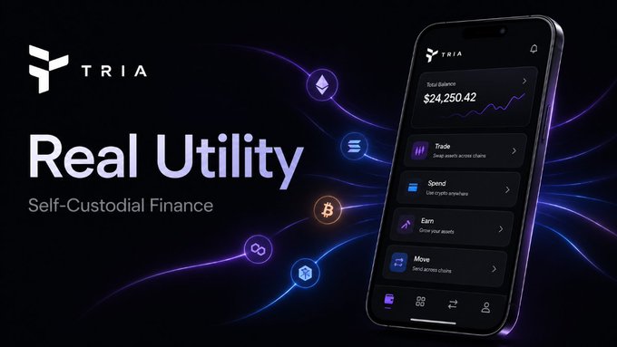 The image shows a smartphone with a black background displaying an app called @useTria that focuses on real-world applications rather than just adding features for Web3. The app has a simple design, featuring icons related to self-custodial finance such as Bitcoin and trading. The post about @useTria emphasizes the importance of focusing on practical use cases in their app development process, which is different from other apps that may prioritize adding more features or complexity.