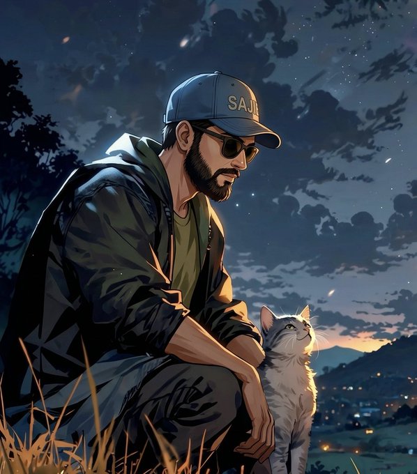 A digital illustration shows a bearded man wearing sunglasses and a 'SAJE' cap sitting outdoors at twilight beside a fluffy cat, with a starry sky overhead.