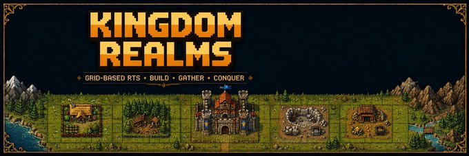 A pixel-art game promotional banner for 'KINGDOM REALMS' features the tagline 'GRID-BASED RTS • BUILD • GATHER • CONQUER' above illustrated grid tiles showing a farm, lumber mill, castle, quarry, and blacksmith.