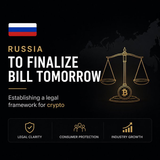 The image features a graphic about Russia finalizing a bill tomorrow to establish a legal framework for crypto, highlighting benefits like legal clarity, consumer protection, and industry growth alongside a Bitcoin scale of justice illustration, directly supporting the post's message that Russia is moving closer to clear crypto rules.