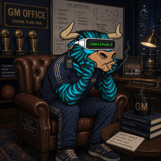 A turquoise and black striped bull wearing "UNBAIRABLE" VR goggles sits dejected in a leather armchair labeled "GM OFFICE - VISION. PLAN. WIN." surrounded by GM-branded gear, a trophy case, a "GM GAMEPLAN" whiteboard, and a checklist titled "DAILY GOALS." 

The "Gm gm fam" caption fits perfectly as a humorous salute to the General Manager persona depicted—essentially the cartoon saying "GM to GM" while contemplating championship strategies.