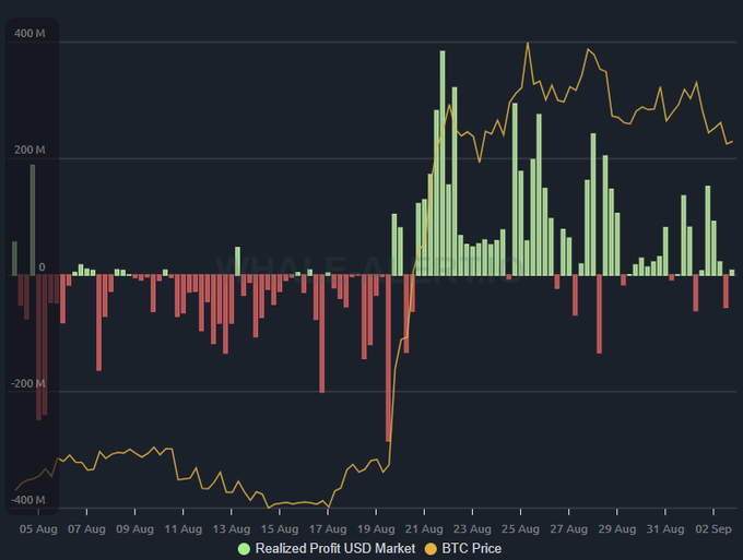 Crypto analytics chart titled 'WHALE ACTIVITY' showing Realized Profit USD Market (green/red bars) and BTC Price (orange line) from August 5 to September 2.