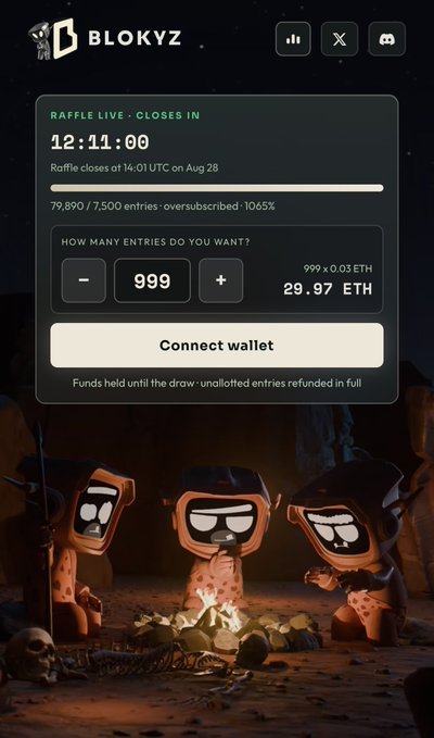 A BLOKVZ raffle page shows a countdown timer of 12:11:00 for entries closing on Aug 28, with 79,890/7,500 entries oversubscribed at 1065%, offering 999 entries for 29.97 ETH to connect a wallet.