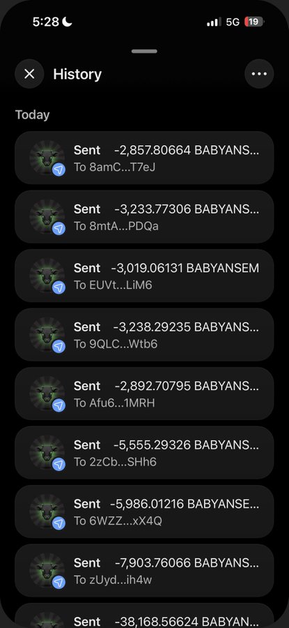 A mobile phone screenshot displays a transaction history page showing numerous "Sent" transfers of "BABYANSE..." cryptocurrency tokens (likely $BABYANS or a related meme coin) ranging from approximately -2,857 to -38,168 tokens to various wallet addresses, all occurring on "Today," visually supporting the post's claim of distributing crypto funds ($500 worth of tokens) to community members.