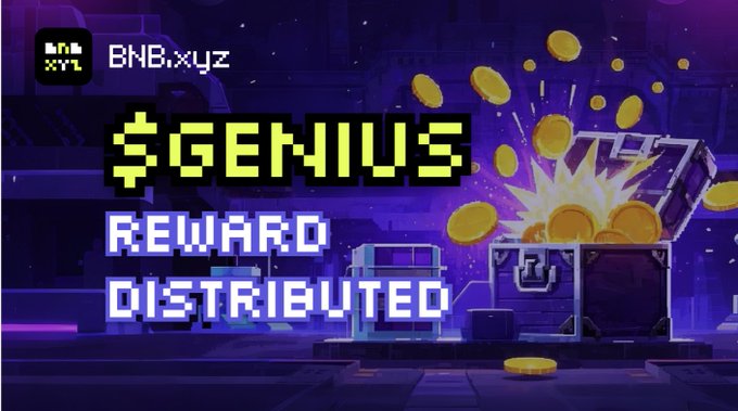 The image features a large chest filled with gold coins, surrounded by an explosion of yellow sparks. The text "Genius" is written above the chest, while the word "Reward" is below it. The background of the image is dark purple, creating a contrast with the bright yellow and blue colors of the chest and sparks. The post also mentions that there are rewards distributed for $GENIUS Claim your rewards now!