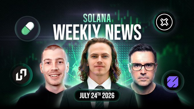 A promotional graphic for "Solana Weekly News" dated July 24th, 2026, featuring three men in professional attire against a green blockchain-themed background, with surrounding crypto/finance logos. The image serves as a thumbnail for an episode discussing Melee Markets' novel Parimutuel Market Maker (PMM) model with guest Nick Preszler on prediction markets.
